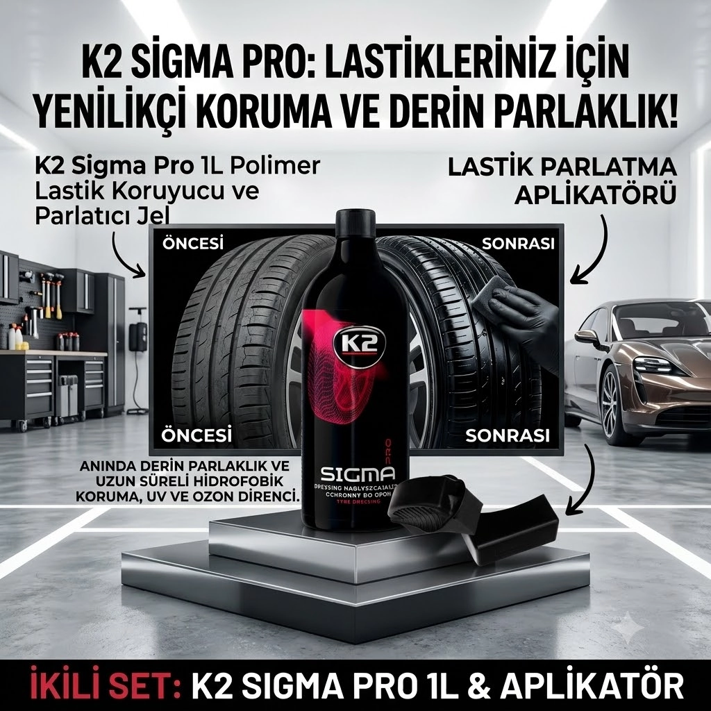 K2 Sigma Pro 1L & Özel Lastik Parlatma Aplikatörü – Elit İkili Set