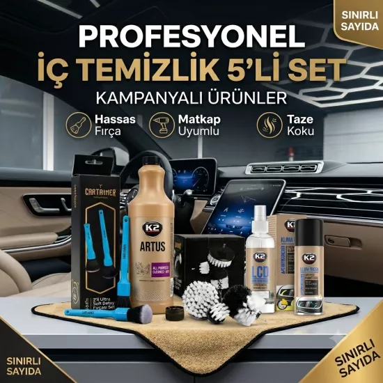 Profesyonel İç Temizlik 5’li Set ile tanışın. Koltuklardan konsola, multimedya ekranından klimaya kadar eksiksiz detaylı temizlik şimdi tek bir pakette!